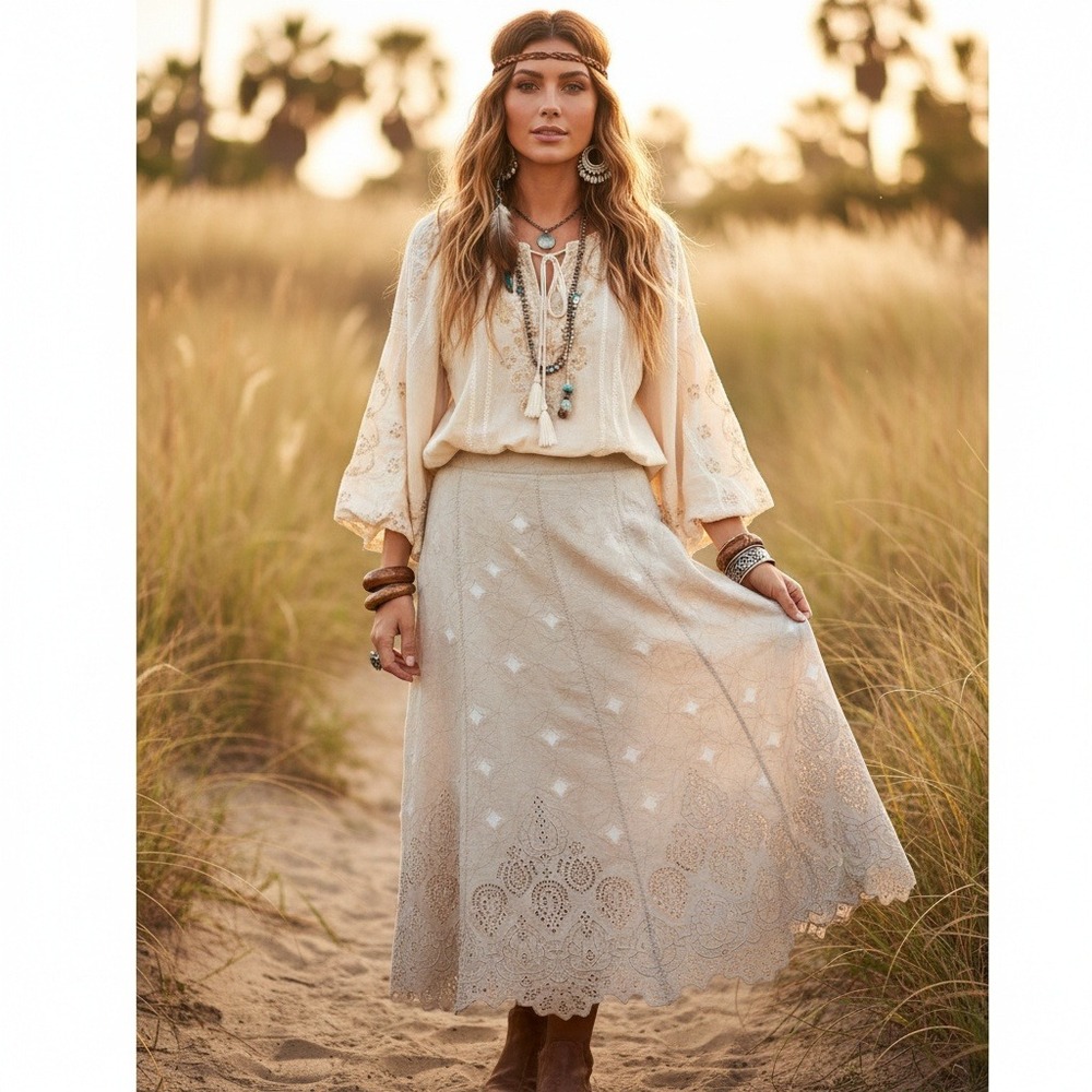 PETER‎ NYGARD Boho Midi Skirt Beige Eyelet Lace Trim Sz 12 Linen Rayon Artsy Vtg